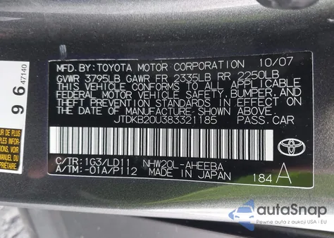 2008 Toyota Prius Touring z USA, uszkodzony, nr VIN JTDKB20U383321185